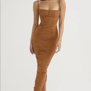 Elegant Tan Ruched Dress